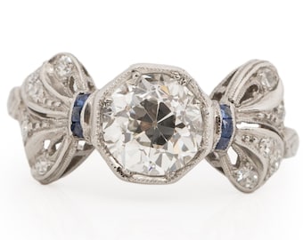 Circa 1920 Art Deco Platinum GIA Certified 1.26cttw Old European Brilliant Diamond Engagement Ring - VEG#439A