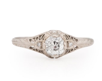 Circa 1920 Art Deco Platinum GIA Certified .54ct Old European Brilliant Diamond Engagement Ring - VEG#2089