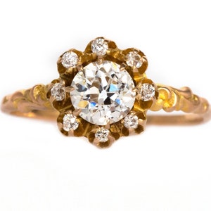 Anillo de compromiso victoriano de oro amarillo de 14 quilates con diamantes de talla brillante europea antigua de 0,69 ct, certificado GIA, circa 1880 - VEG n.° 1055