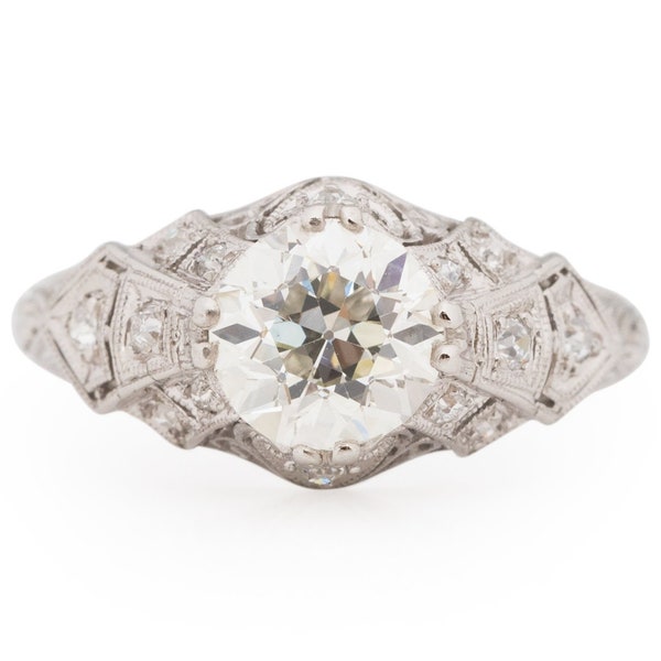 Circa 1920 Art Deco Platinum GIA Certified 1.45ct Old European Brilliant Diamond Engagement Ring - VEG#1803