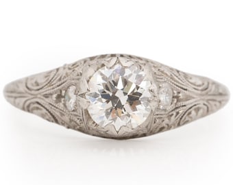 Circa 1920 Art Deco Platinum .90cttw Old European Brilliant Diamond Engagement Ring - VEG#2253