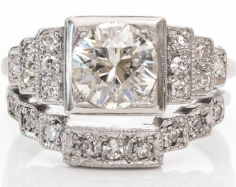 Art Deco GIA-zertifiziertes 1.71cttw Diamant-Verlobungsring und Ehering Set, circa 1920er Jahre, ATL #110