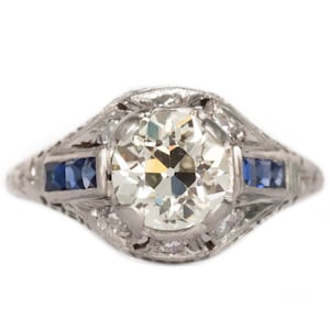 Circa 1920s Art Deco Platinum 1.24ct Old European Brilliant Diamond & Sapphire Engagement Ring - VEG#1069