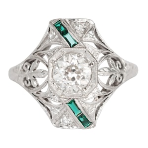 Circa 1920 Art Deco Platinum GIA Certified .90ct Circular Brilliant Diamond and .15cttw Straight Baguette Emerald Engagement Ring-VEG#1360