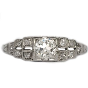 Circa 1920s Art Deco 18K White Gold .45ct Old European Brilliant Cut Diamond Engagement Ring with .10cttw Side Diamonds - VEG#1308