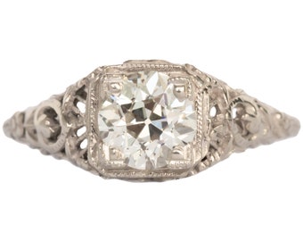 Circa 1915 Edwardian 14K White Gold .85ct Old European Brilliant Diamond Engagement Ring- VEG#1119