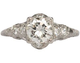 Circa 1920s Art Deco Platinum 1.05 Old European Cut & .25cttw Antique Single Cut Diamond Engagement Ring - VEG#1133