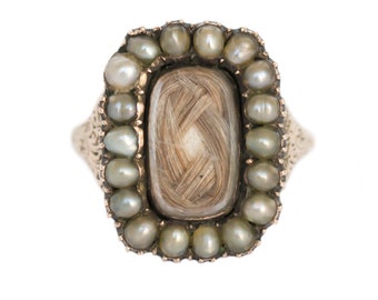 Circa 1830s Victorian 9K Yellow Gold 1.00cttw Natural Seed Pearls Mourning Ring - VEG#1196
