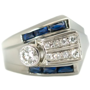 Circa 1920s Art Deco Blue Sapphire, Old European Diamond & 14k White Gold Ring, ATL #542A