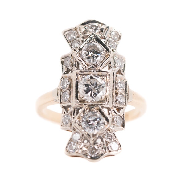 Circa 1930s Art Deco 2 Carat Total Diamond Shield 3 Stone Engagement Ring, ATL #852