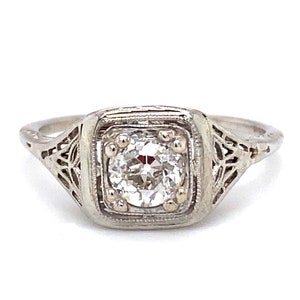 Circa 1920s Art Deco 0.35 Carat Diamond Filigree Ring in 18 Karat White Gold, FD#1883A-ATL