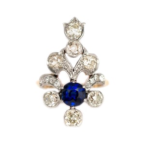 Circa 1880 Victorian AGL Certified 1.10ct Square Cushion Sapphire & 2.00cttw Old Mine Cushion Diamond Cocktail Ring - VEG#1067