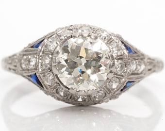 Circa 1900s Edwardian Era Diamond Platinum Ring with Trillion Cut Blue Sapphires, ATL #632
