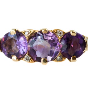 Circa 1890s Victorian Antique Three Stone Amethyst, Diamond and 18k Yellow Gold Ring, ATL 415A image 1