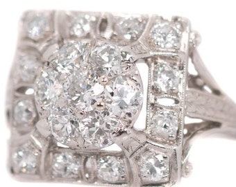 Circa 1930s Art Deco 2.5 Carat Total Diamond Cluster Ring, Platinum Crafted, ATL #497A