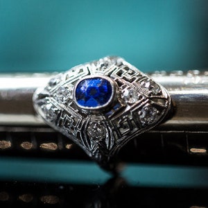 Antique Sapphire & Diamond Art Deco Engagement Ring w. 8 Old Miner Cut Diamonds and 1 Old Cushion Cut Sapphire ATL #152A