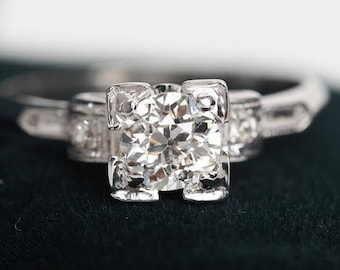 Circa 1930 - 14K White Gold Antique Engagement Ring with .55ct Old European Cut Diamond - VEG#416