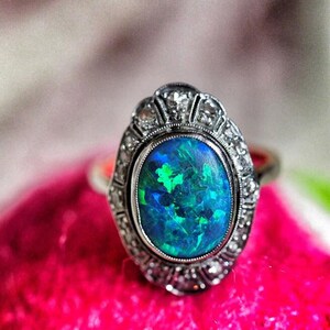 Antique 18K RARE Black Opal & Diamond Cocktail Ring w/ Filigree Work from Europe - ca1890's VEG #45