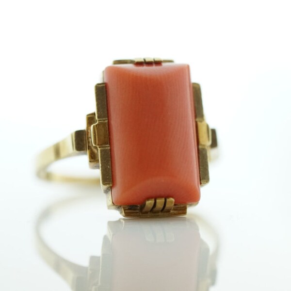 Circa 1925 Art Deco Large Coral Orange Natural Cabochon in Unique 14K YG Mounting, Antique Engagement Ring, ATL #38A