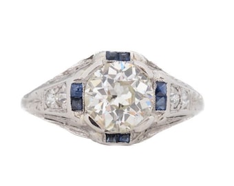 Platinum Gia 1.27ct Old European Brilliant Diamond and Sapphire Engagement Ring - VEG#2328