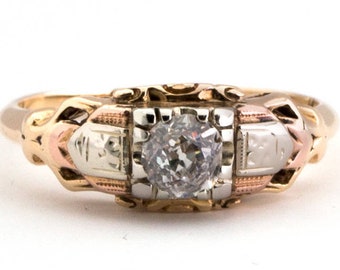 Circa 1910 Edwardian 14K Yellow Gold, White Gold, And Rose Gold .40ct Old Mine Brilliant Cut Diamond Engagement Ring - VEG#802