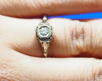 Antique Filigree 14K White Gold & Old European Diamond Engagement Ring w/ Butterfly Design VEG #57