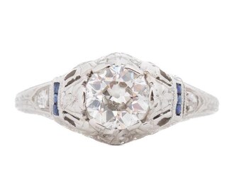 1920s Platinum Gia Old European Brilliant Diamond and Sapphire Engagement Ring - VEG#2326