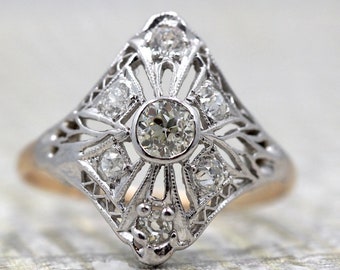 Antique Two Tone Diamond Engagement Ring w/ Old Miner Cut Diamonds VEG #74