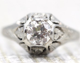 Antique Old European Brilliant Diamond White Gold Edwardian Engagement Ring VEG #82