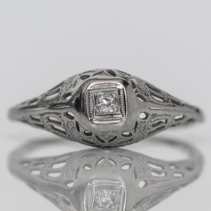 Circa 1900 - Edwardian 18k White Gold Filigree-Rich Engagement Ring with Antique Single Cut Diamond -  VEG#488