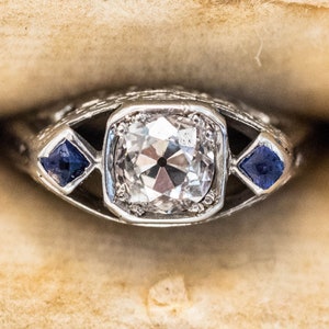 Beautiful Antique Art Deco 20k White Gold Old Miner Cut Diamond & Sapphire Engagement Ring ATL #162