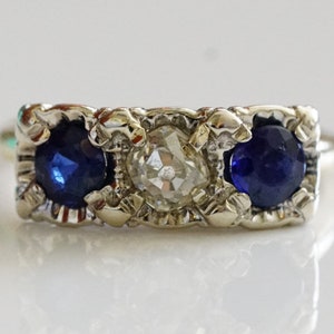 Circa 1930s Art-Deco Era 3-Stone Sapphire & Diamond Ring, 2-Tone *Gorgeous Combo* ATL #108B