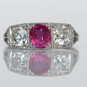 Circa 1920 - Platinum Art Deco 1.02ct Unheated Ruby & 1.20cttw Old Cushion Cut Diamond Engagement Ring - VEG#558