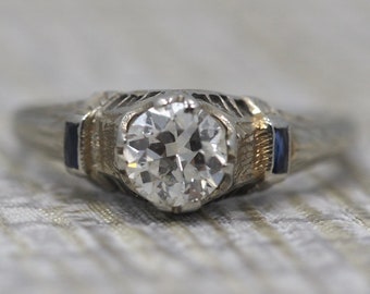 14K White Gold Antique Engagement Ring with .70ct Old European Cut Diamond and Sapphires from 1924 VEG #23