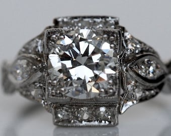 Circa 1930 - Anillo de compromiso de platino Art Déco con diamantes de 1,21 ct I-VVS1 y certificación GIA - ATL n.° 458