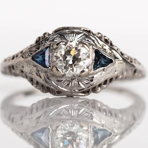 Circa 1920s Art Deco 18K White Gold GIA Certified .44ct Diamond Engagement Ring with Blue Sapphires & Filigree Work - VEG#666