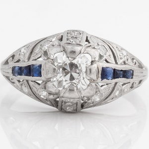Circa 1920s Deco Era Sapphire & Diamond High Mounted and Intricate Detailing Platinum Ring, ATL #216C