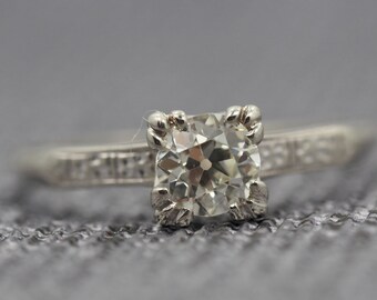 Antique 14K White Gold Engagement Ring w/ .60ct Old European Brilliant Diamond VEG #28A