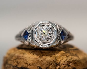 Beautiful Antique Art Deco 18k White Gold Diamond & Synthetic Sapphire Ring #ATL 159