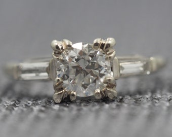 Antique 14K White Gold Engagement Ring w/ .83ct Old European Cut Diamond & Baguette's VEG #39