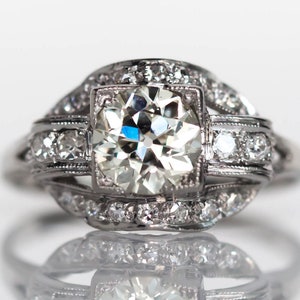 Circa 1920s Art Deco Platinum GIA Certified 1.04ct Old European Brilliant Cut Diamond Engagement Ring with .20cttw Side Stones - VEG#702