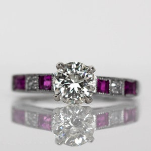 Circa 1940 - Art Deco Platinum GIA 1.01 Old European Cut Diamond & Ruby Engagement Ring - VEG#577