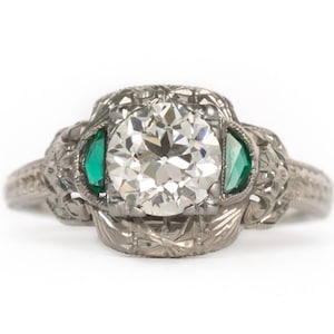 Circa 1920&#39;s Art Deco 18K White Gold GIA Certified 1.02ct Circular Brilliant Cut Diamond & Emerald Engagement Ring - VEG#888