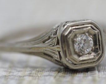 Antique Engagement Ring with .10ct Old European Cut Diamond - Art Deco Design VEG #50