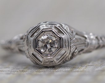 Antique Engagement Ring with Filigree Work and Old European Cut Diamond, VEG #41