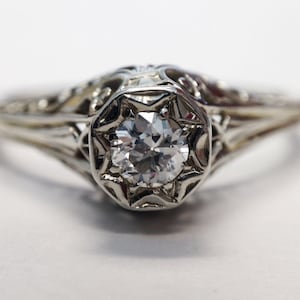 Circa 1920s Art-Deco Diamond Engagement Ring, 0.20ct Old European DIA, Heavy Filigree Detailing  ATL #133