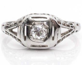 Circa 1920s Art Deco Diamond Filigree Engagement Ring, ATL #493