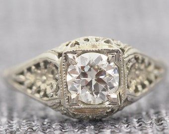 Antique Engagement Ring in 18K White Gold with .70ct Old European Cut Diamond VEG #9