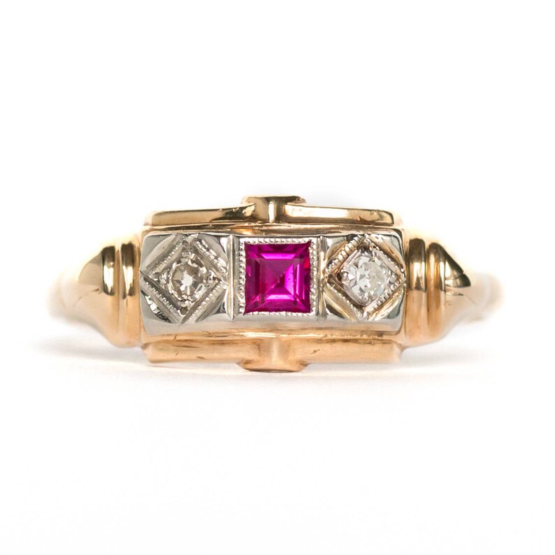 LAYAWAY 1930/'s Antique Ruby /& Diamond Ring in 14K Yellow Gold and Old Miner Cut Diamonds VEG#13