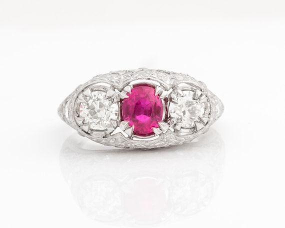 Circa 1910 Art Nouveau Era Platinum Ruby Ring with Old European & Old Miner Diamonds AGL Certified, ATL #452
